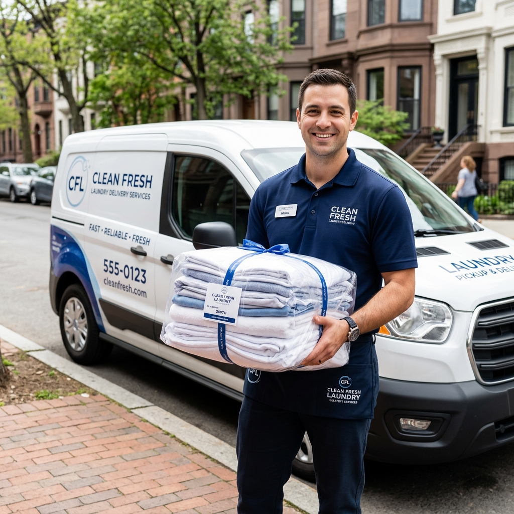 Professional delivery driver bringing clean, freshly folded laundry in bags