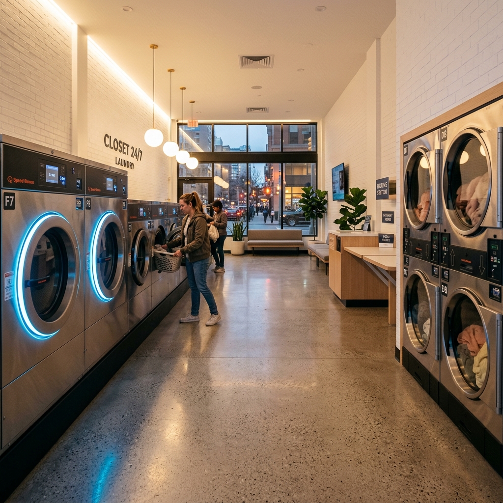 Clean and modern self-service laundromat interior with lines of washing machines